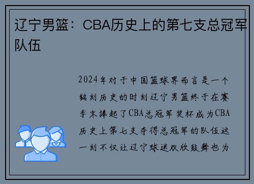 辽宁男篮：CBA历史上的第七支总冠军队伍